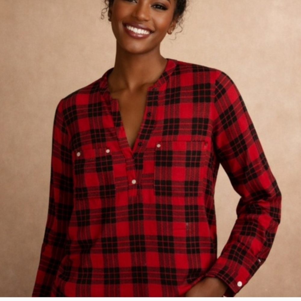 MICHAEL MICHEAL  KORS CHECK BLOUSE  Red Black Long Sleeve Top Semi Sheer Size L